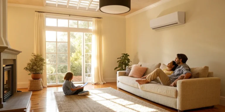 Family relaxing in a cool living room after a central air repair.