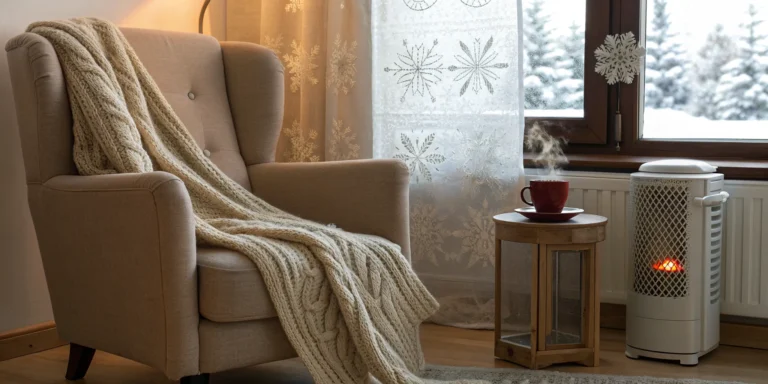 A person using a space heater and blanket because their home heating system needs repair.