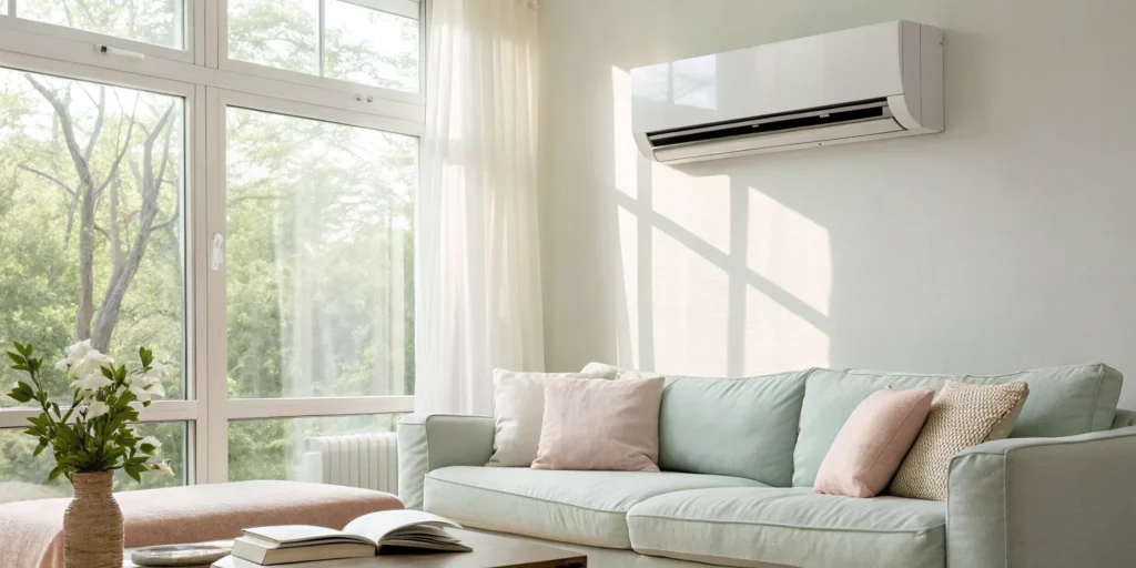 Professional air conditioner installation of a new wall-mounted unit in a living room.