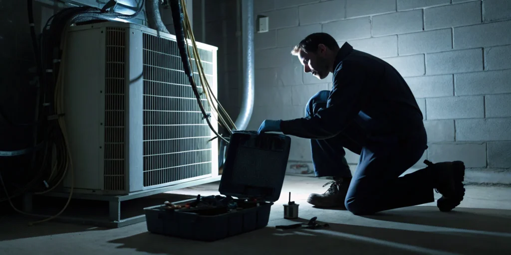 Technician performing an emergency HVAC repair on a residential unit.