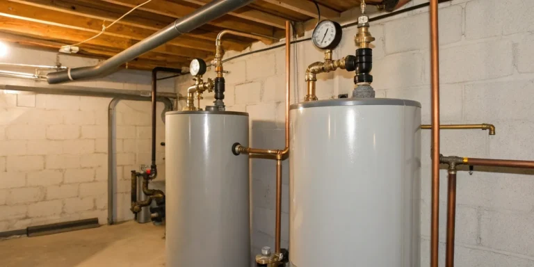 A steam boiler system with copper pipes and pressure gauges needing repair.