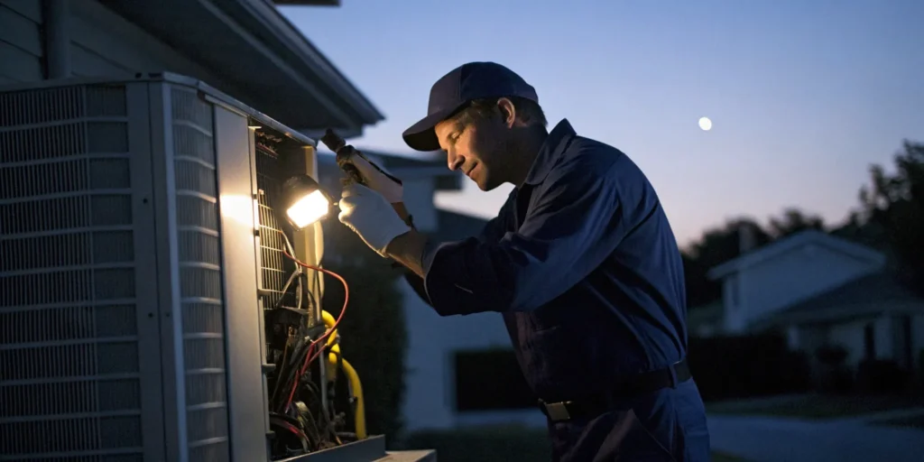 Technician performing a 24 hour emergency HVAC service repair on a home system.
