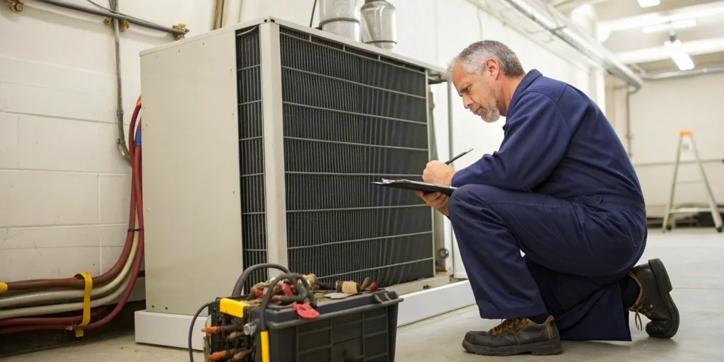 Commercial HVAC technician performs repair and diagnostics on a large unit.