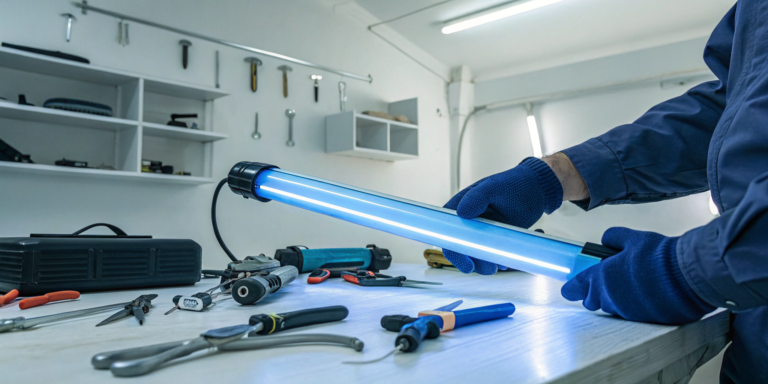 Technician preparing for a blue tube UV light installation in an HVAC system.
