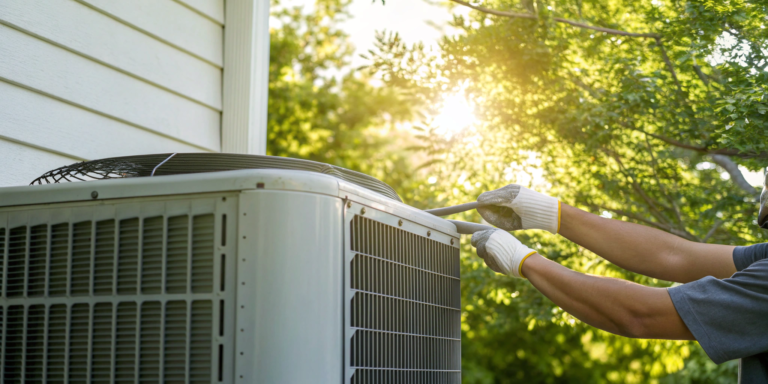 Technician performing an AC tune-up on an outdoor unit, a key factor in the service cost.