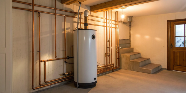 A boiler system with copper pipes provides central heating for a house.