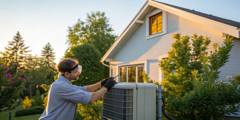 Technician installing a central air unit outside a home.