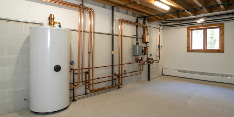 Diagram of a boiler heating system showing the layout of pipes and key components.