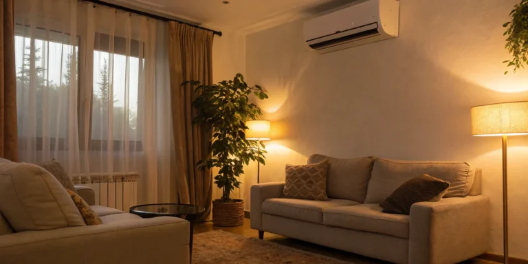 A modern living room with a new wall-mounted unit after an HVAC system replacement.