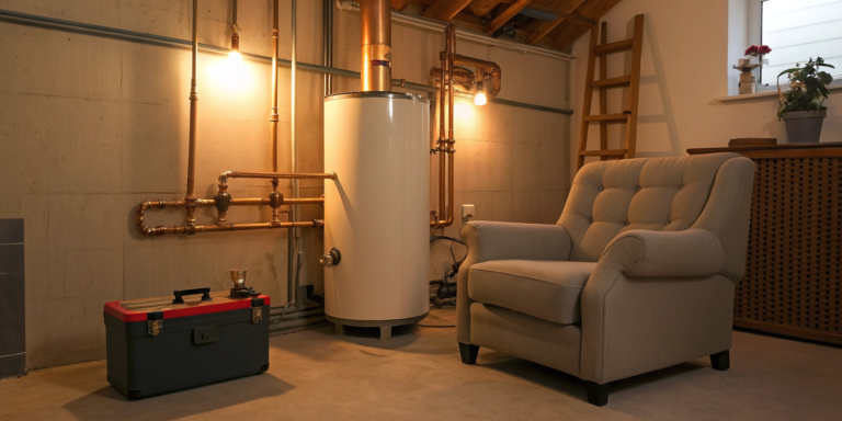 A technician performing professional boiler maintenance services on a home heating system.
