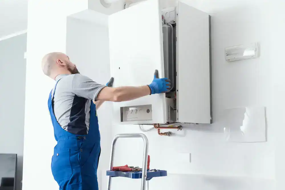 A technician in blue overalls services a wall-mounted boiler, showcasing expert HVAC services in Essex County.
