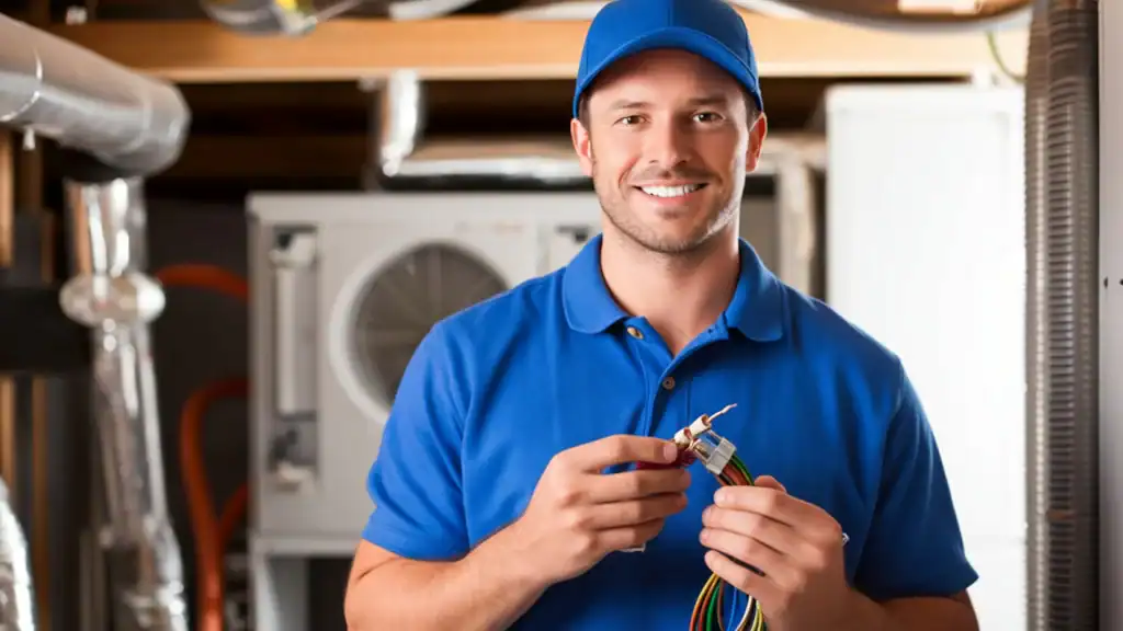 Smiling electrician holding wires during a service visit in Essex County