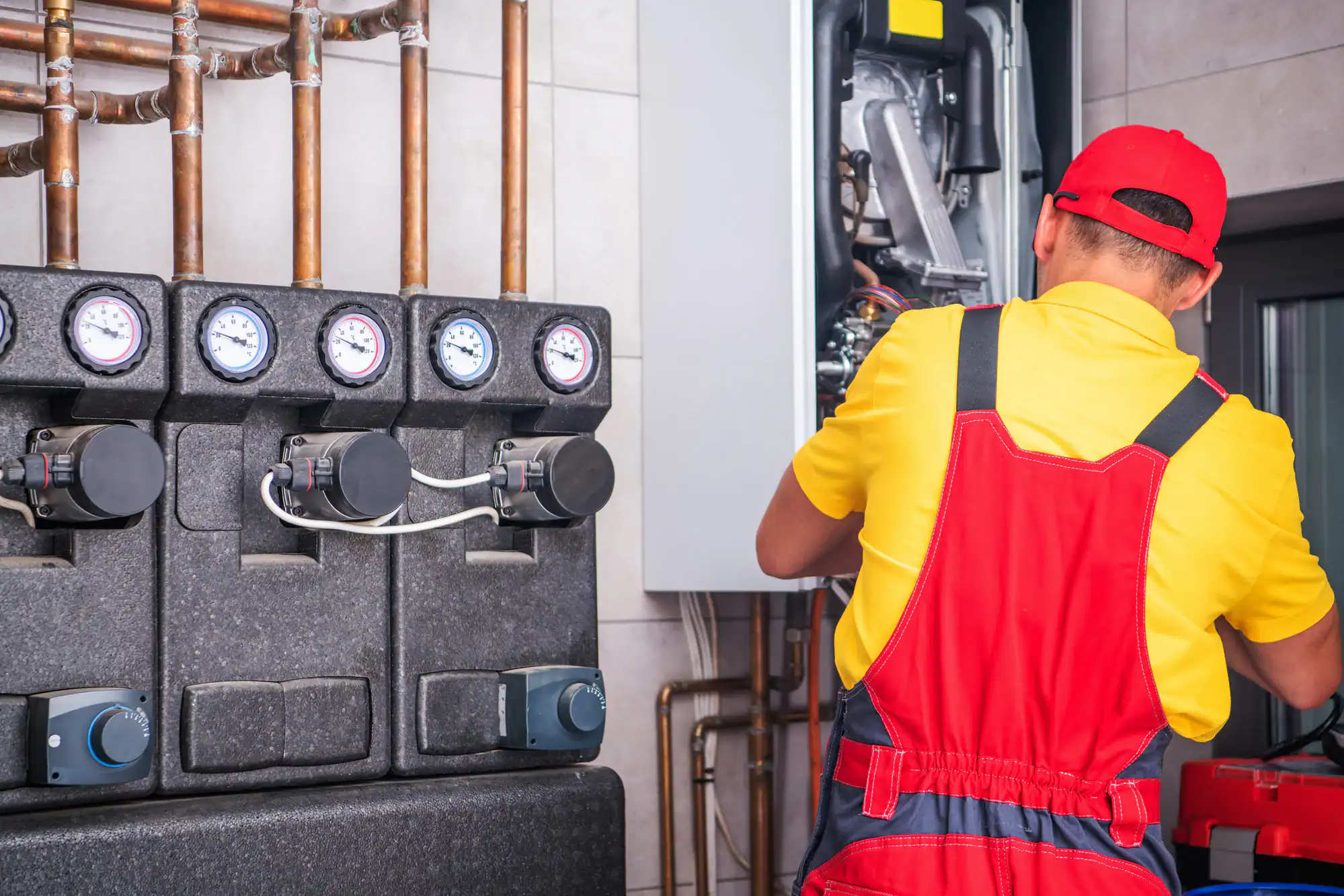 A technician in red overalls repairs a boiler, representing expert HVAC services in Essex County, NJ.