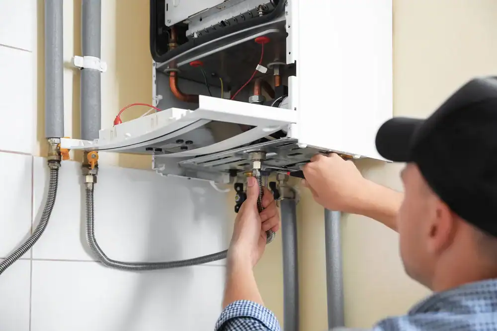 Technician in a cap repairs a wall-mounted gas boiler, showcasing expert HVAC Services in Essex County, NJ.