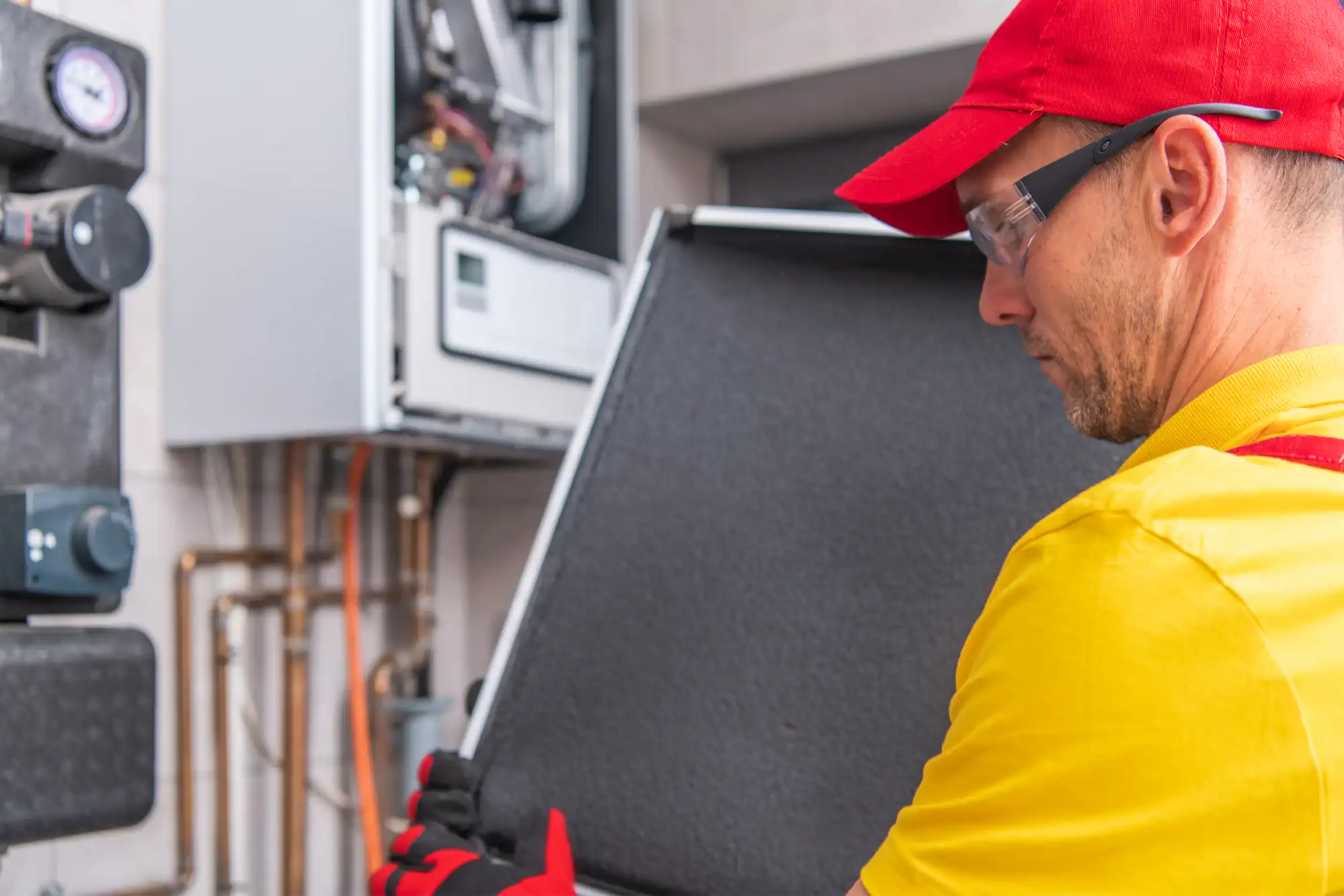 Technician in a yellow T-shirt working on a furnace in Essex County, New Jersey